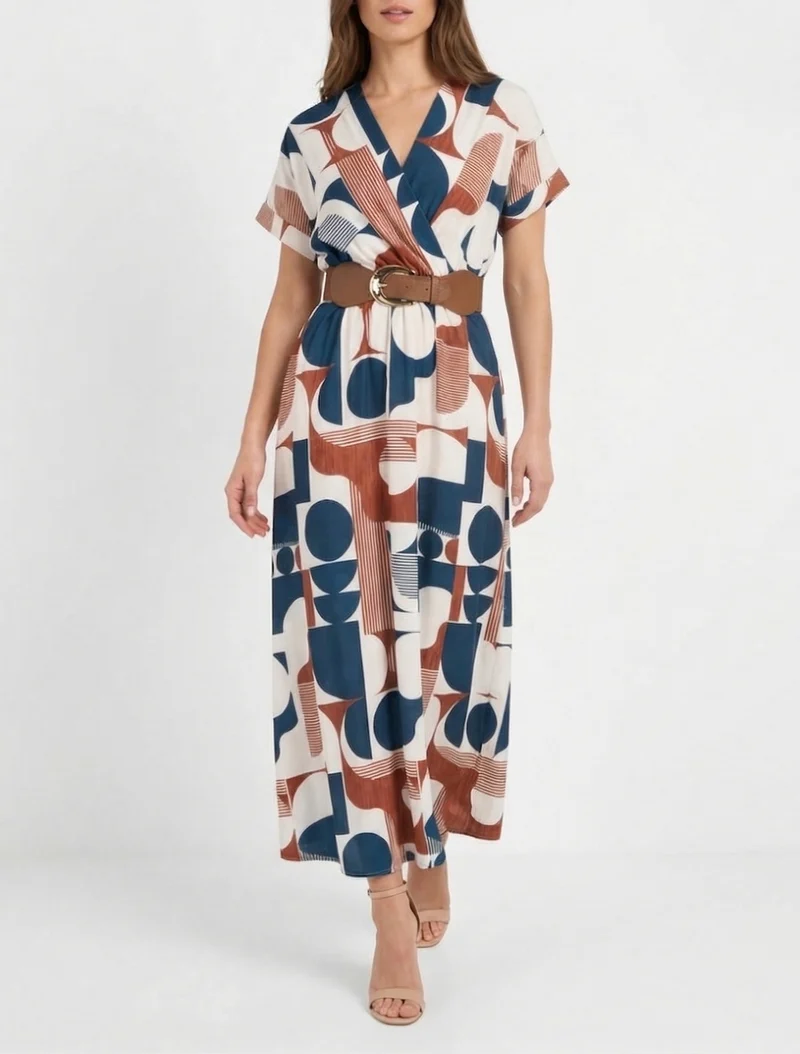 Robe longue manches courtes imprimé graphique - Bleu canard