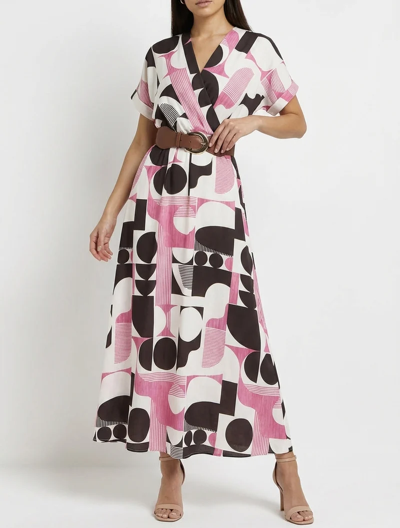 Robe longue manches courtes imprimé graphique - Marron
