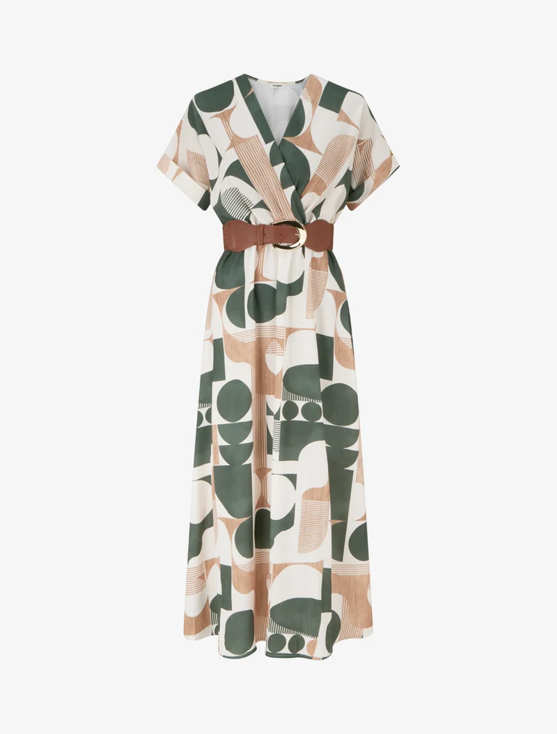Robe longue manches courtes imprimé graphique - Kaki