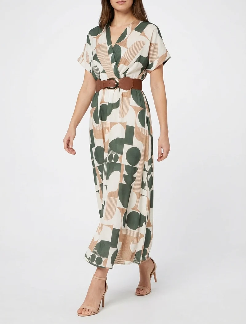 Robe longue manches courtes imprimé graphique - Kaki