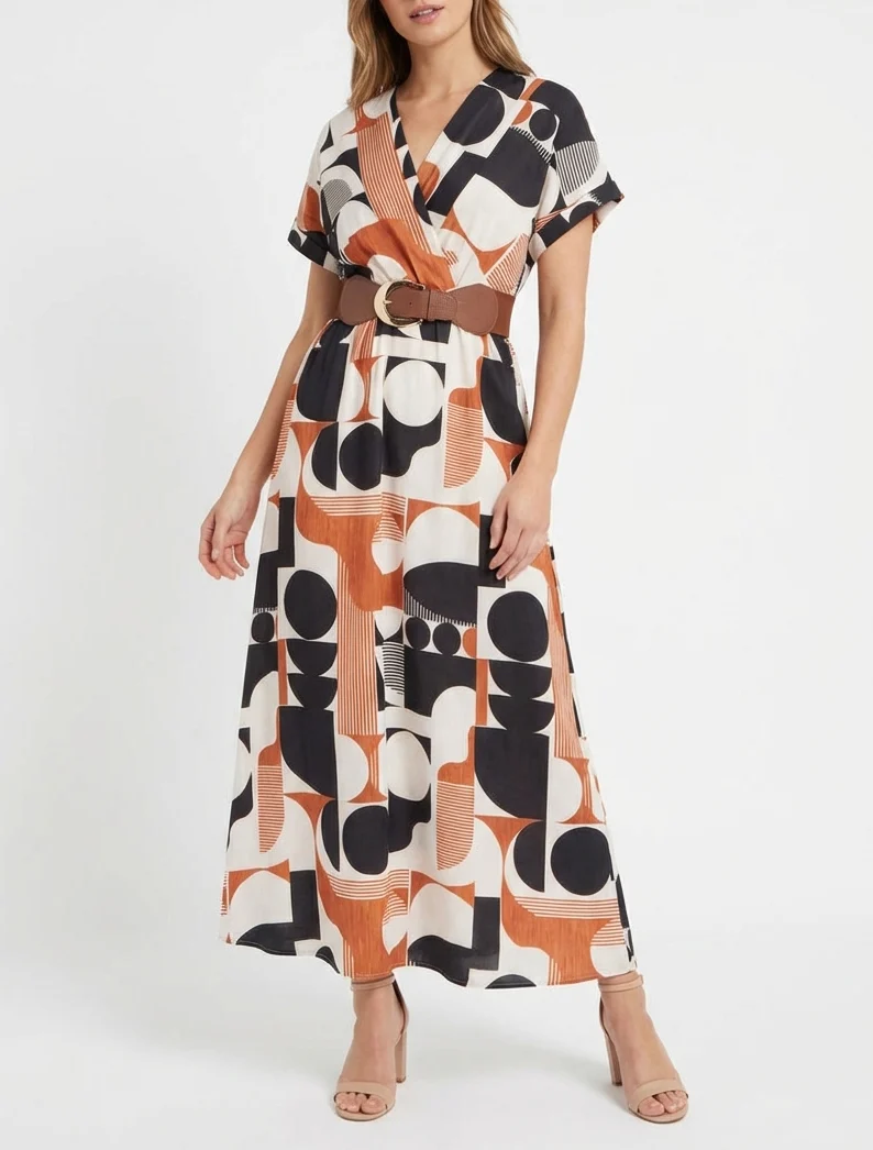 Robe longue manches courtes imprimé graphique - Noir