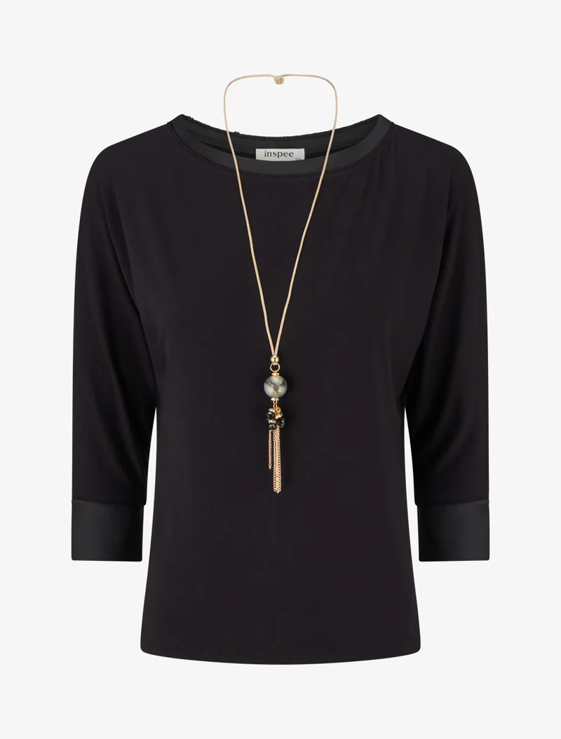Top uni à empiècement en satin - Noir