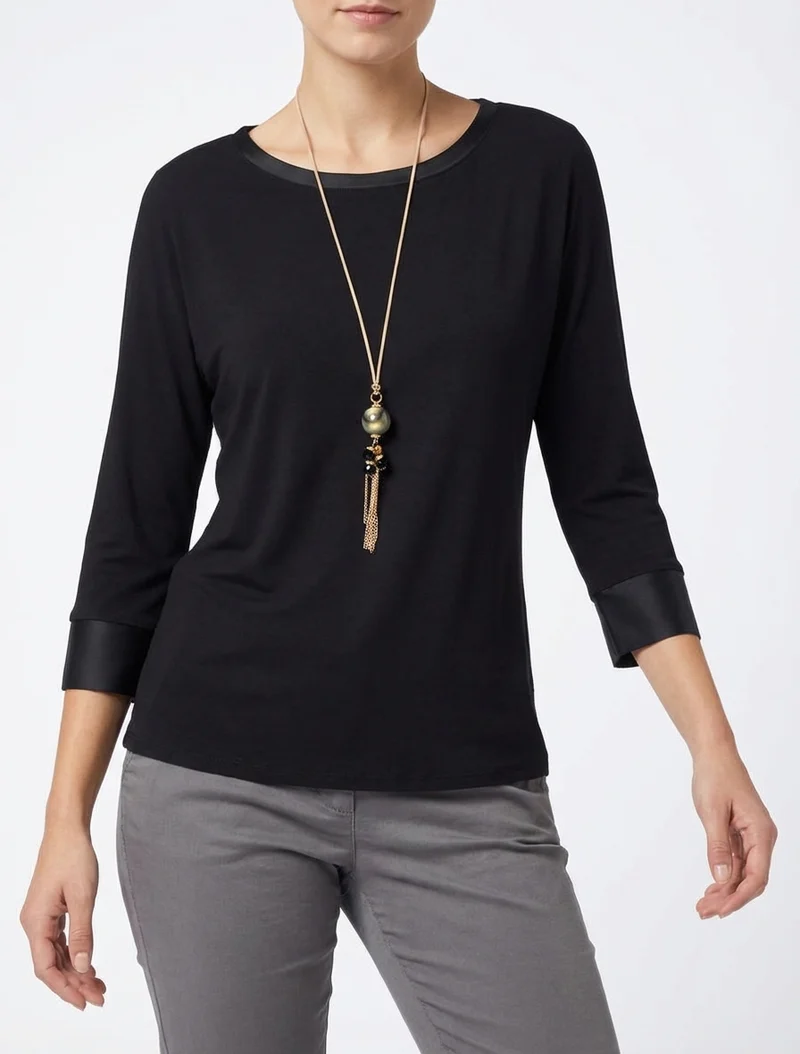 Top uni à empiècement en satin - Noir