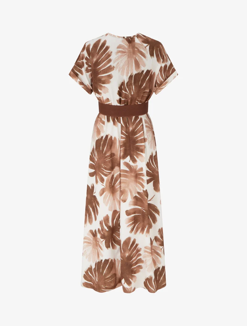Robe longue manches courtes imprimé feuillage - Marron