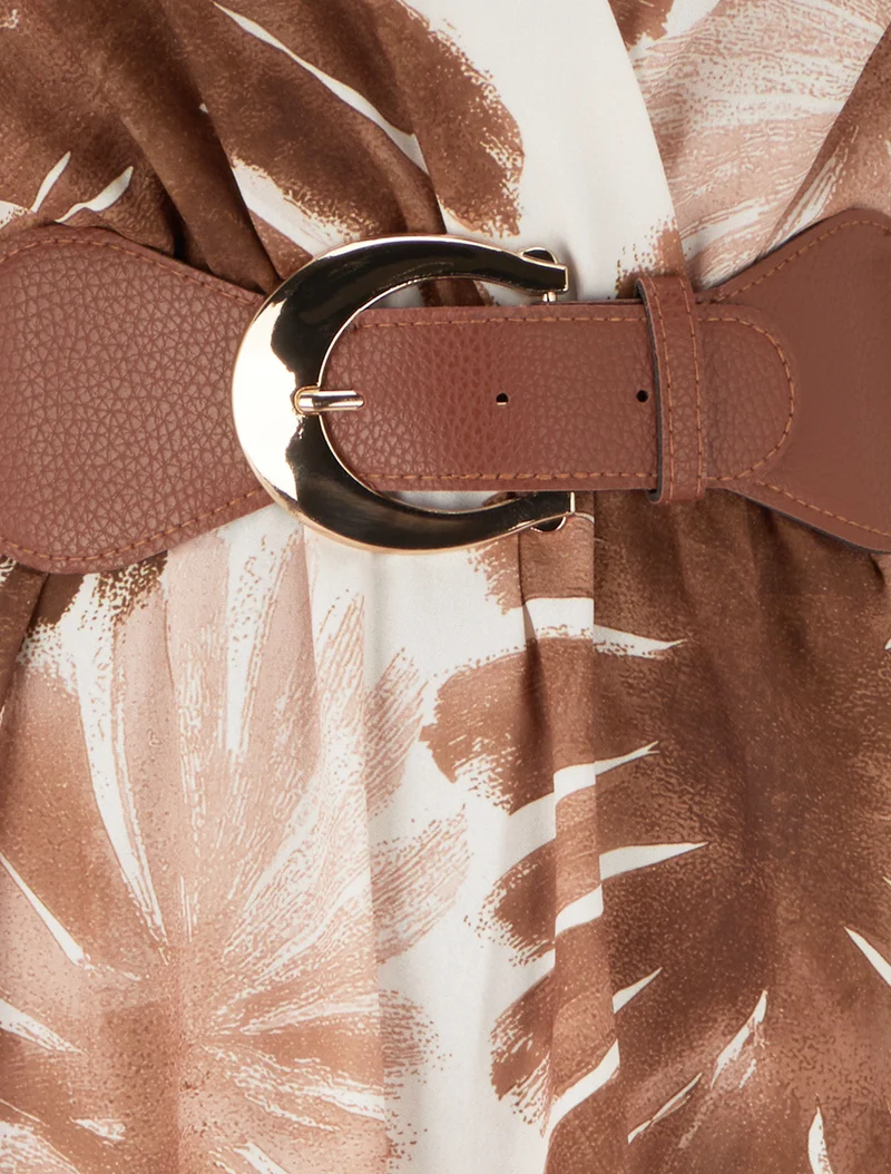 Robe longue manches courtes imprimé feuillage - Marron