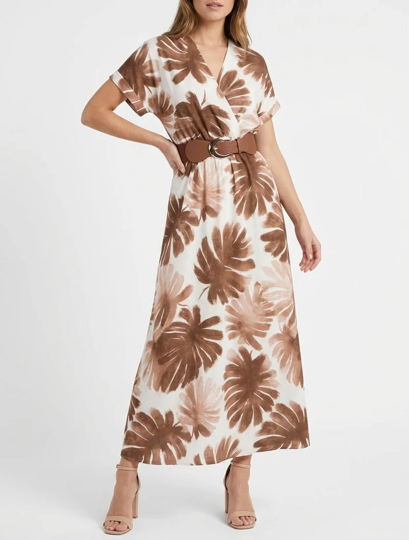 Robe longue manches courtes imprimé feuillage - Marron
