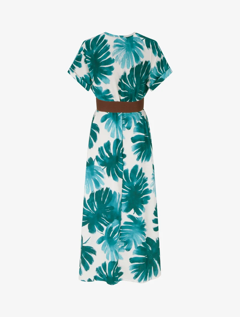 Robe longue manches courtes imprimé feuillage - Vert foncé