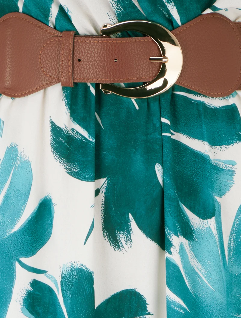 Robe longue manches courtes imprimé feuillage - Vert foncé