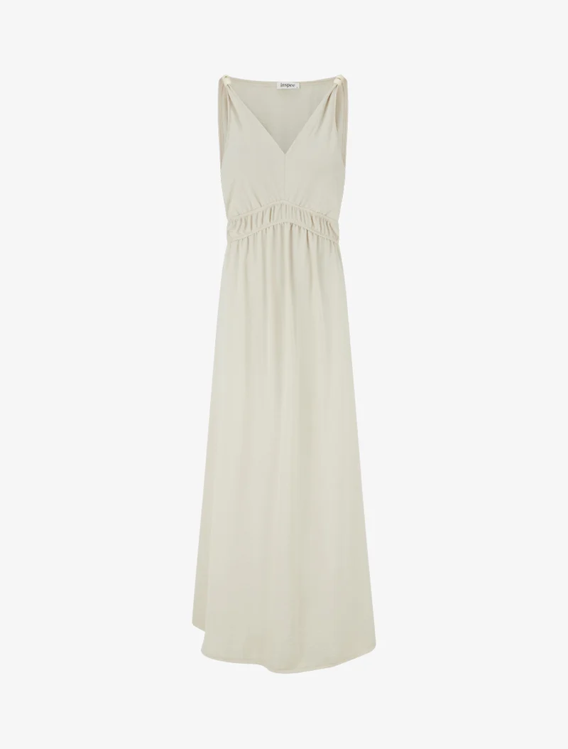 Robe longue évasée à bretelles perlées - Beige
