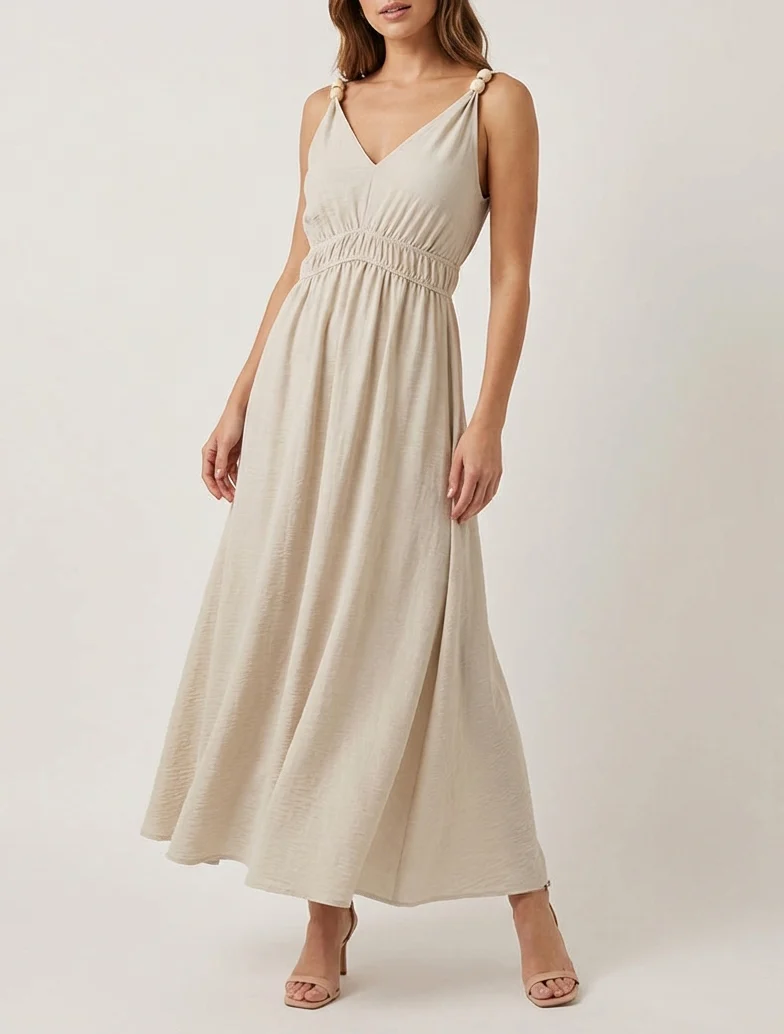 Robe longue évasée à bretelles perlées - Beige