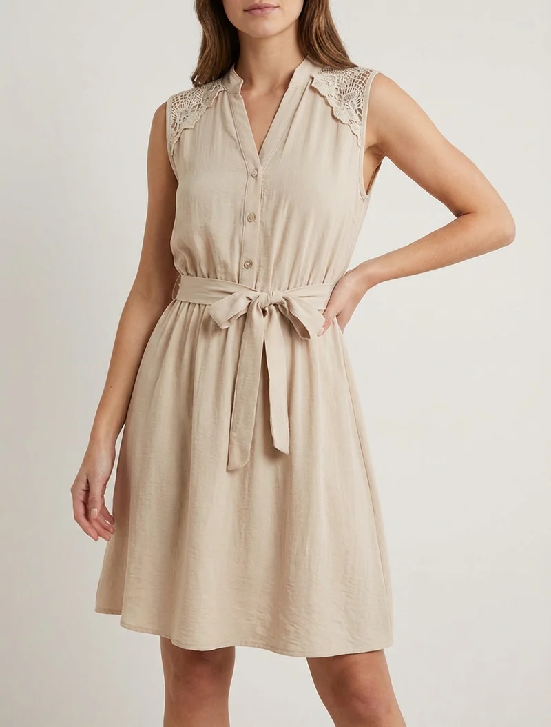 Robe mi-longue boutonnée sans manches - Beige