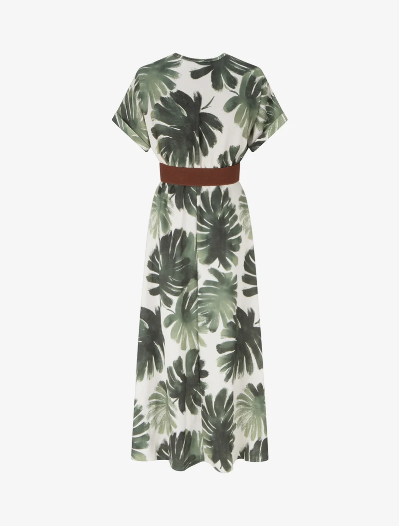 Robe longue manches courtes imprimé feuillage - Kaki
