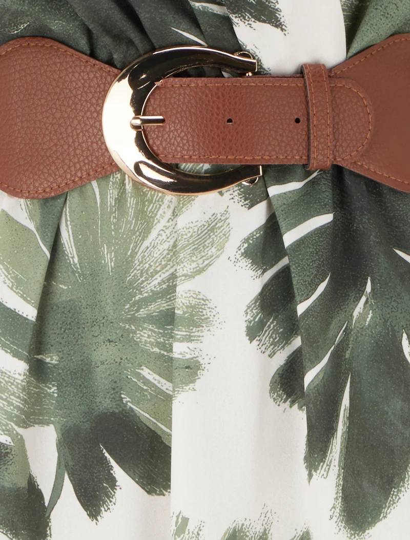 Robe longue manches courtes imprimé feuillage - Kaki