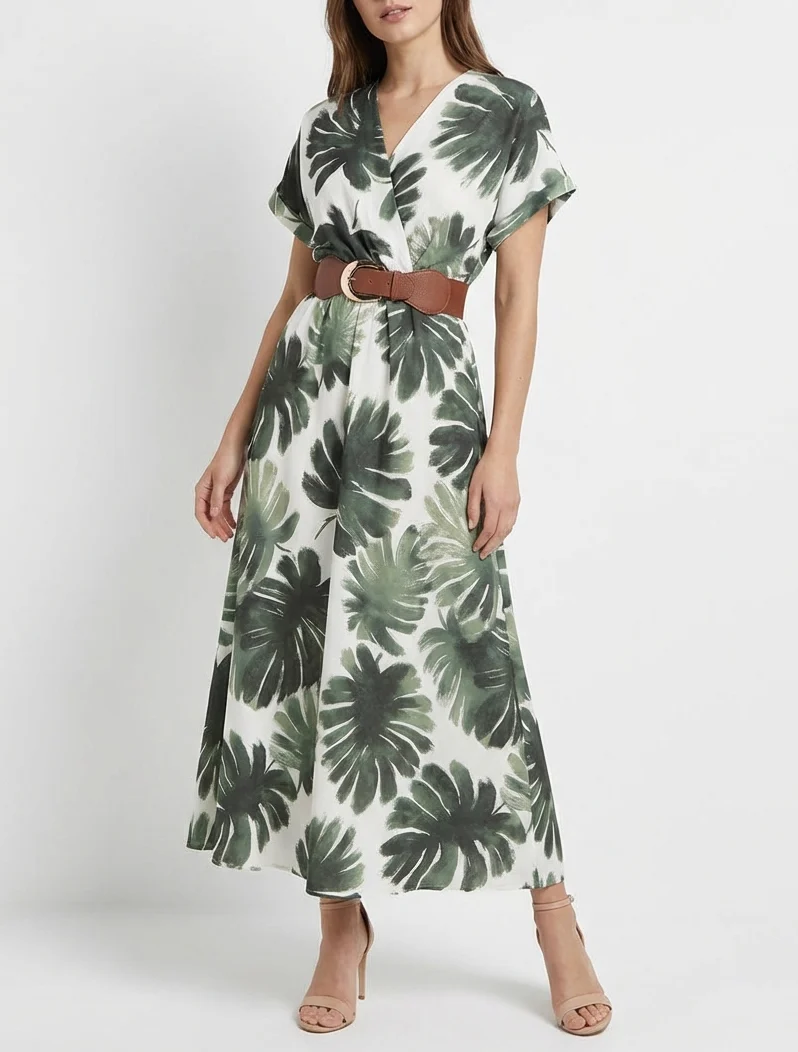 Robe longue manches courtes imprimé feuillage - Kaki