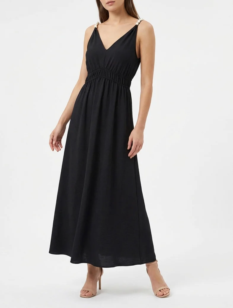 Robe longue évasée à bretelles perlées - Noir