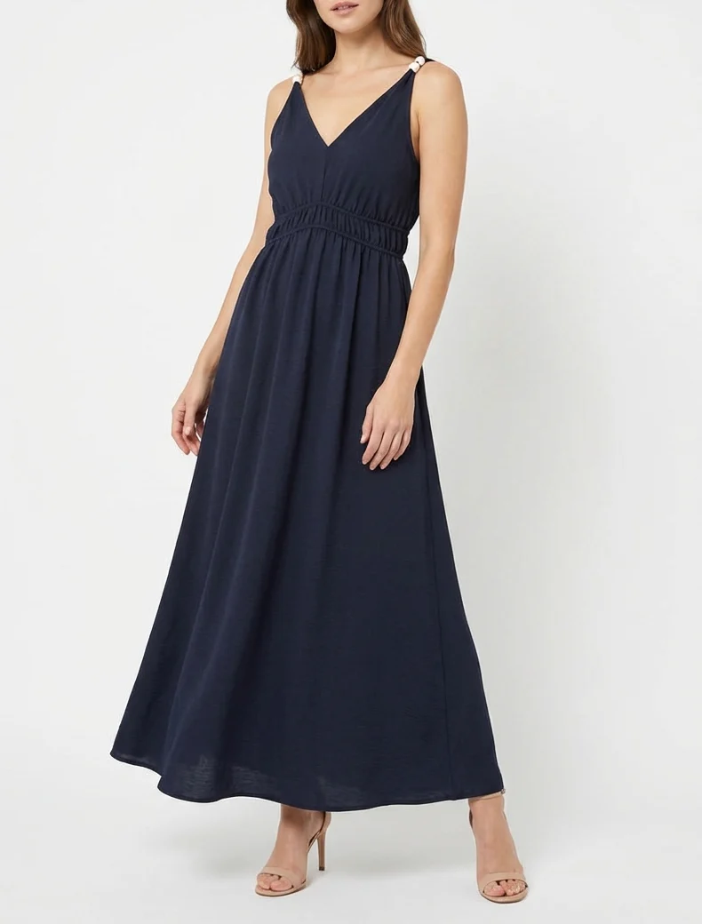 Robe longue évasée à bretelles perlées - Marine