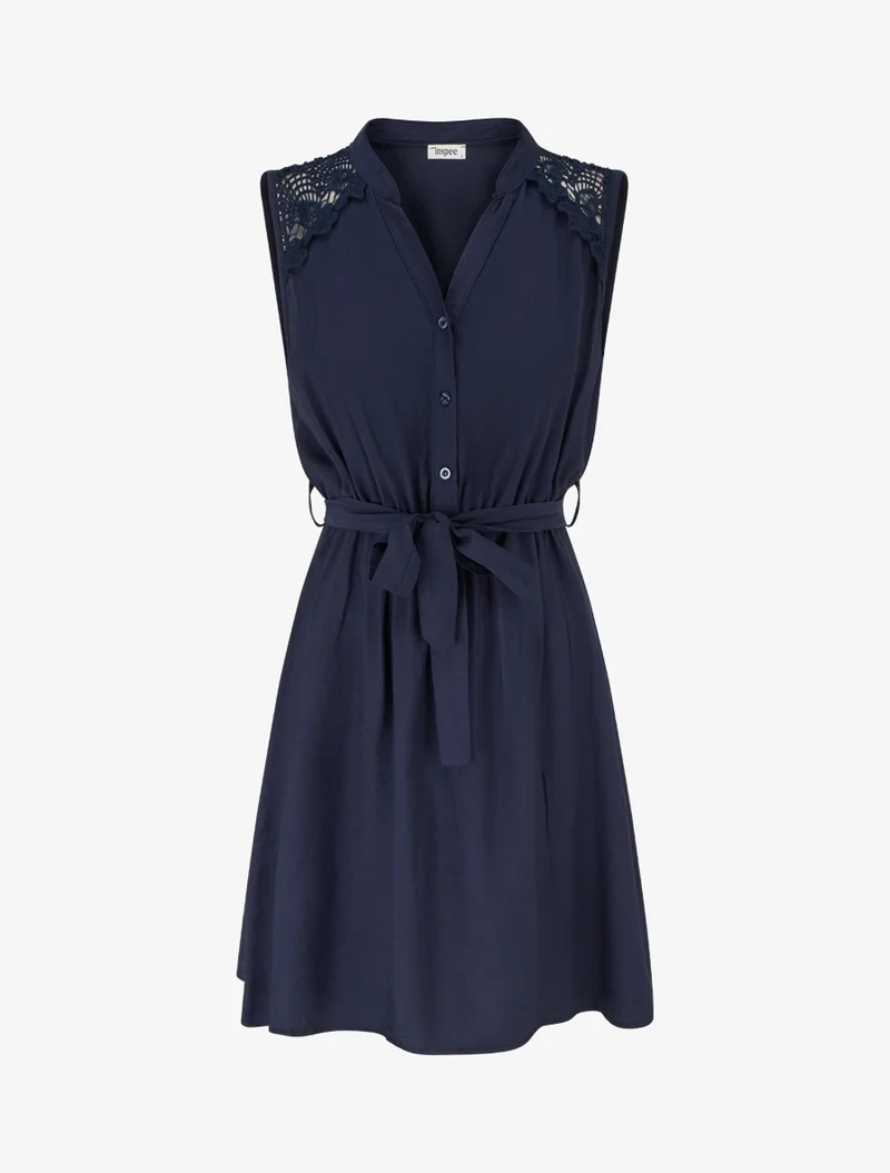 Robe mi-longue boutonnée sans manches - Marine
