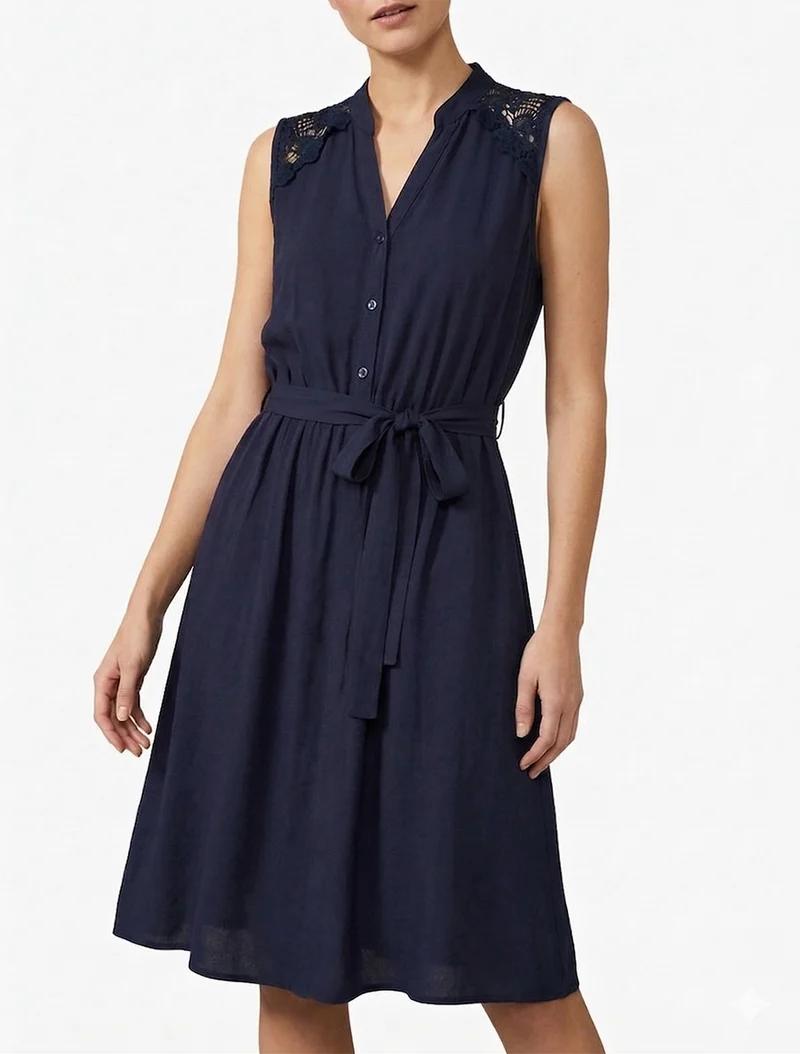 Robe mi-longue boutonnée sans manches - Marine