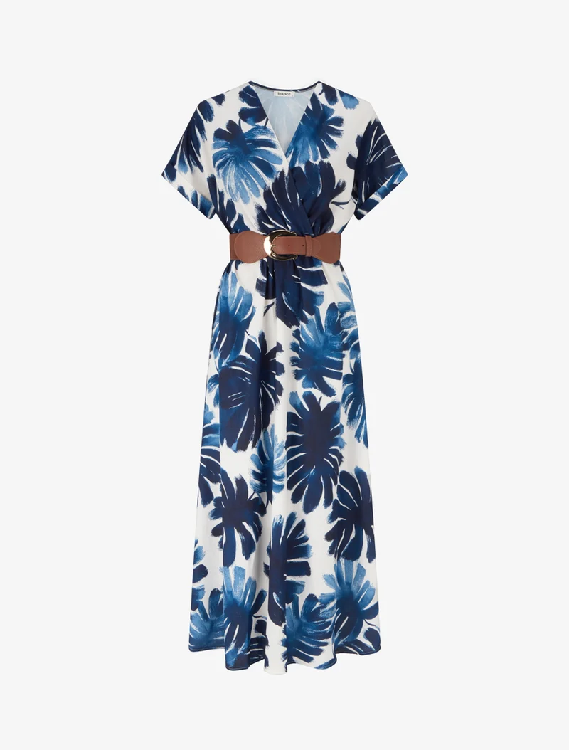 Robe longue manches courtes imprimé feuillage - Marine