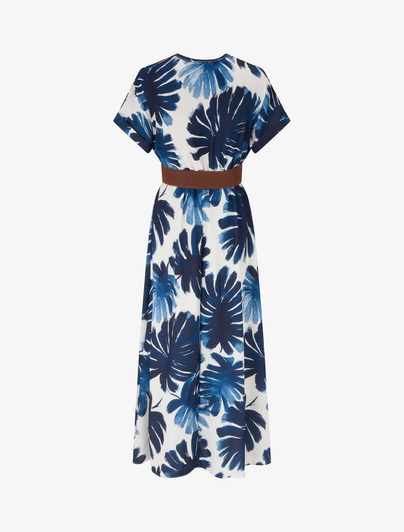 Robe longue manches courtes imprimé feuillage - Marine