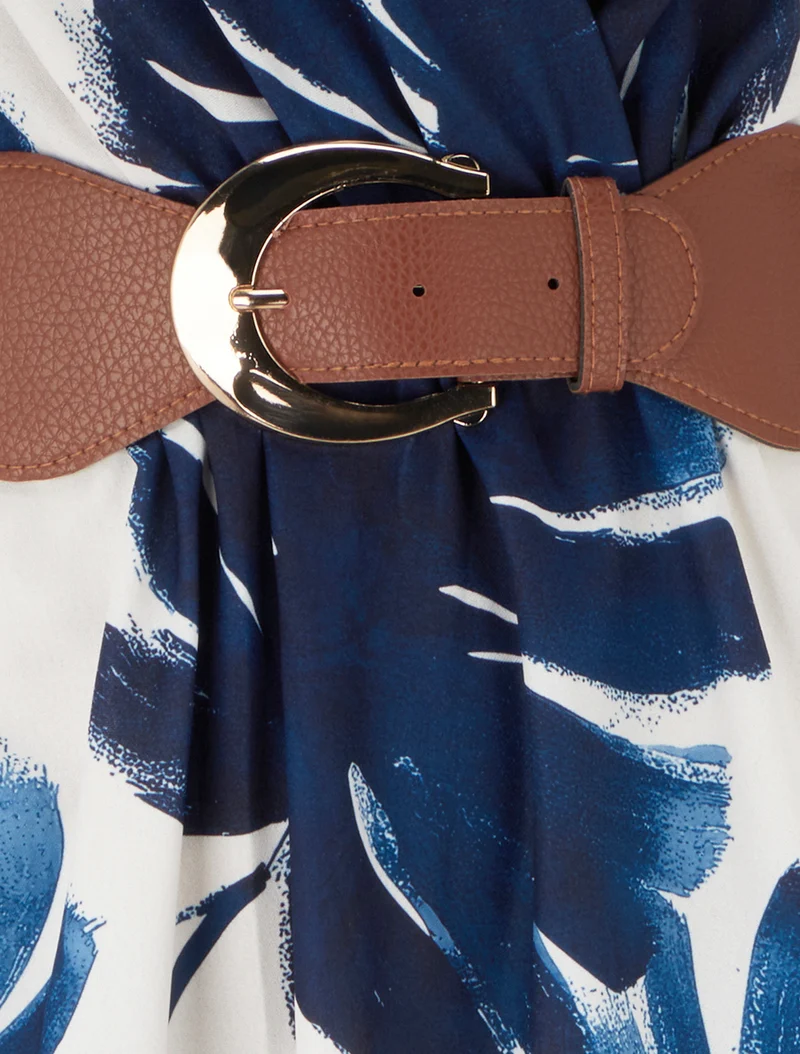Robe longue manches courtes imprimé feuillage - Marine