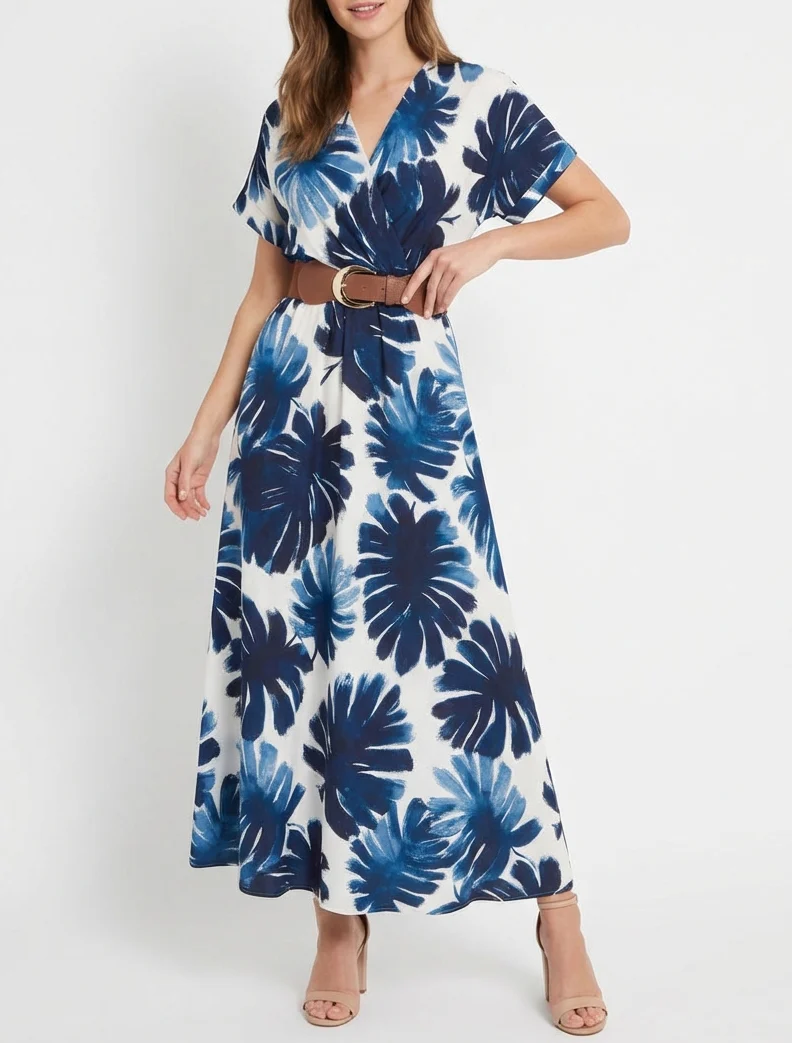 Robe longue manches courtes imprimé feuillage - Marine