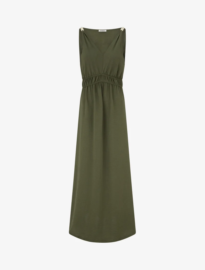 Robe longue évasée à bretelles perlées - Kaki