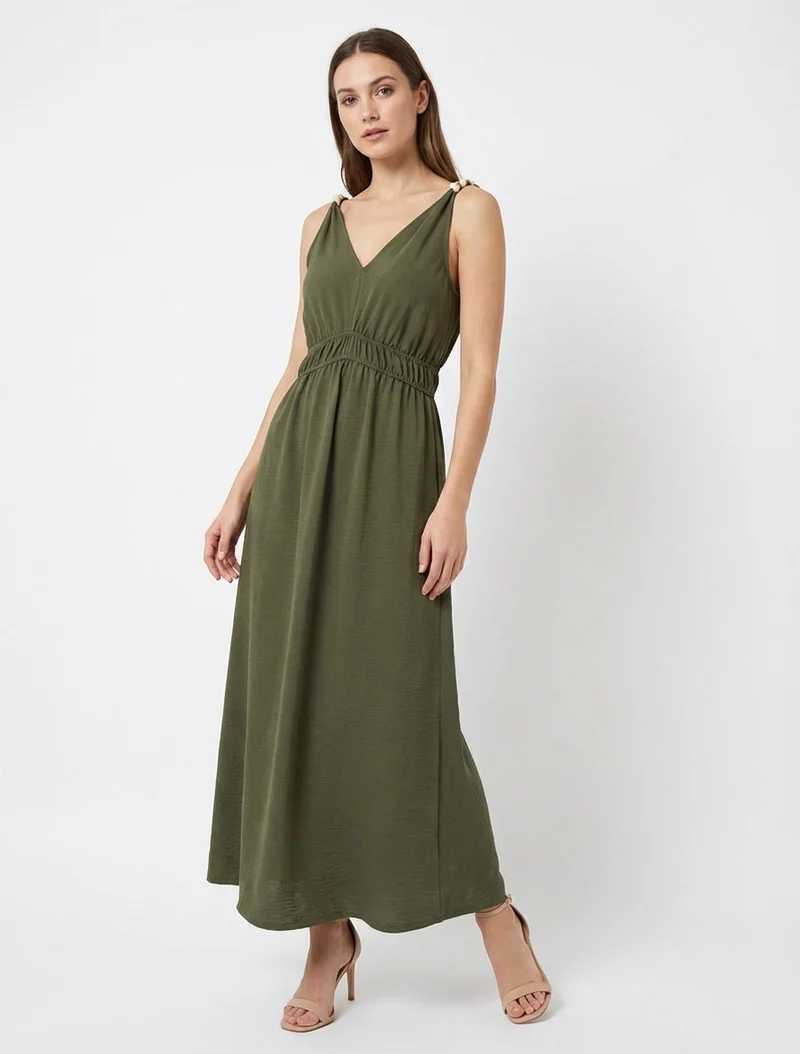 Robe longue évasée à bretelles perlées - Kaki