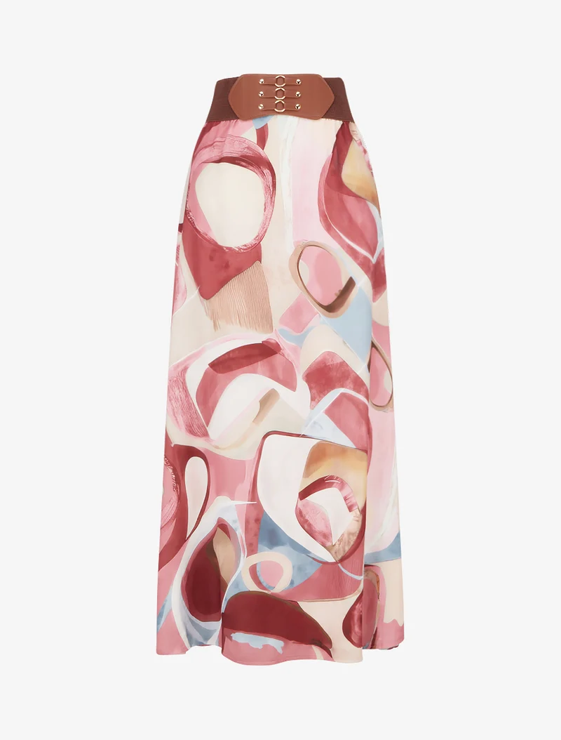 Jupe longue imprimé abstrait à taille fantaisie - Rose