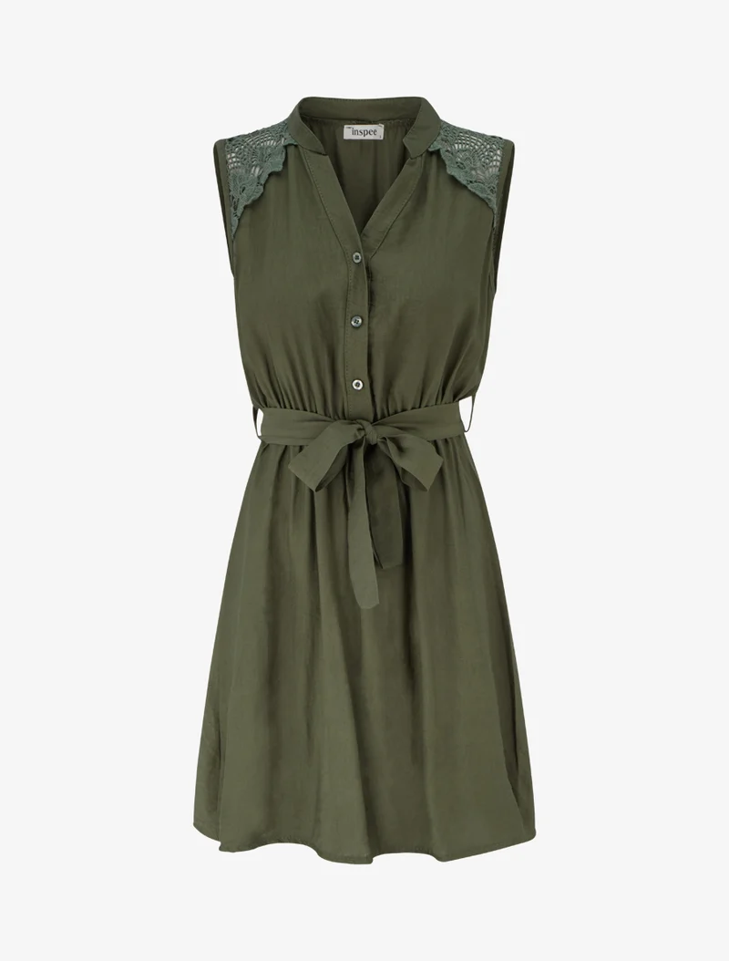 Robe mi-longue boutonnée sans manches - Kaki