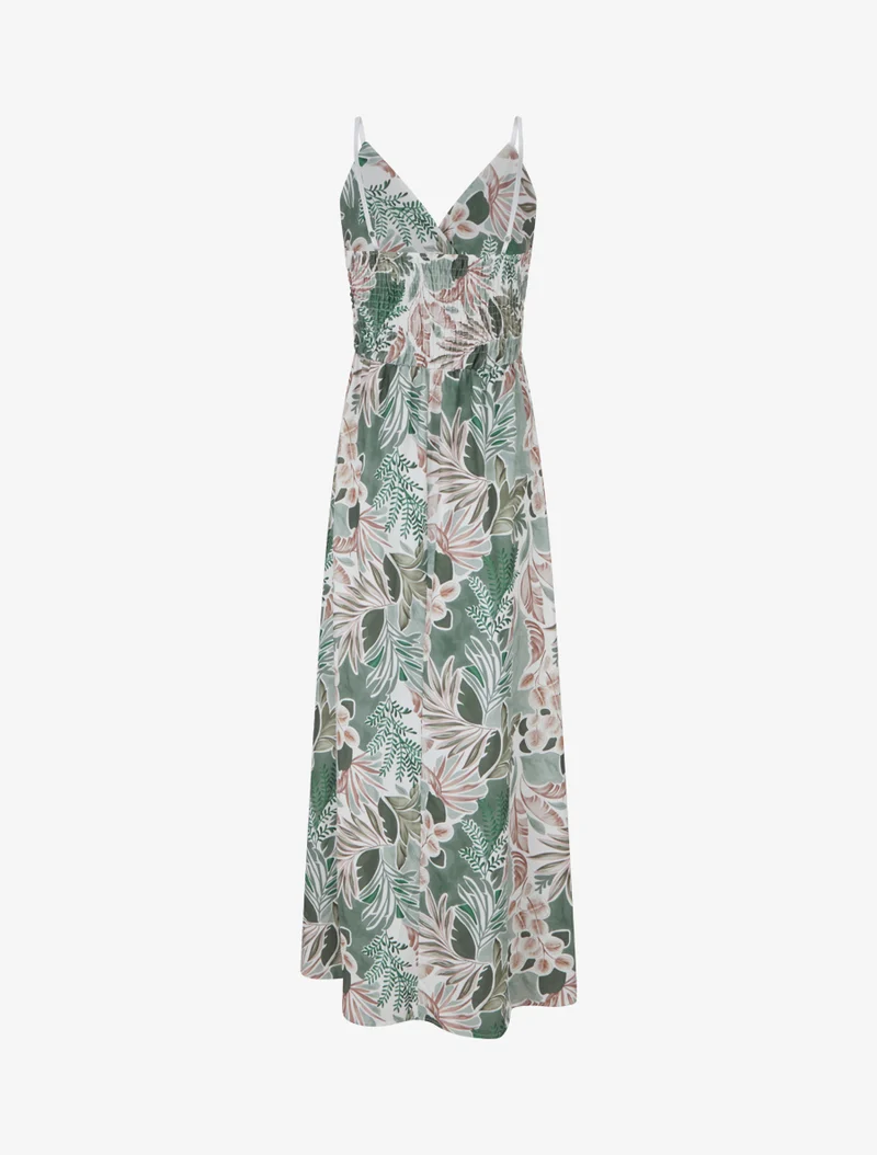 Robe longue à fines bretelles imprimé feuillage - Kaki