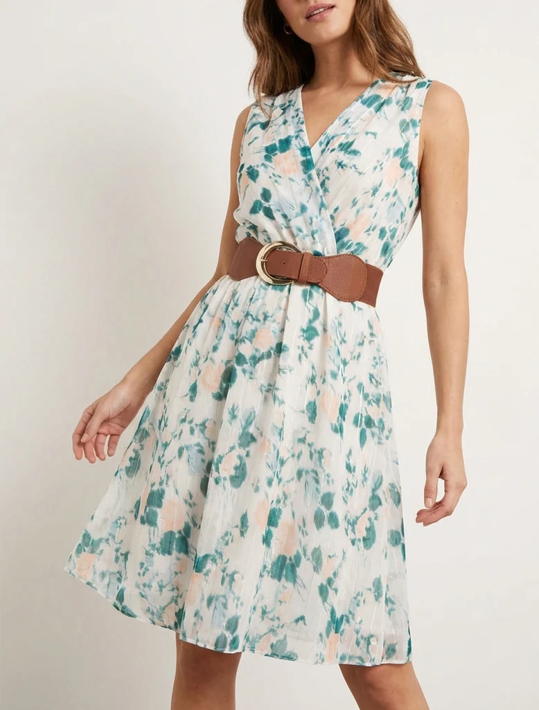 Robe imprimé fleuri à rayures irisés - Vert sapin