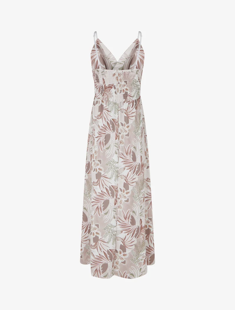 Robe longue à fines bretelles imprimé feuillage - Beige