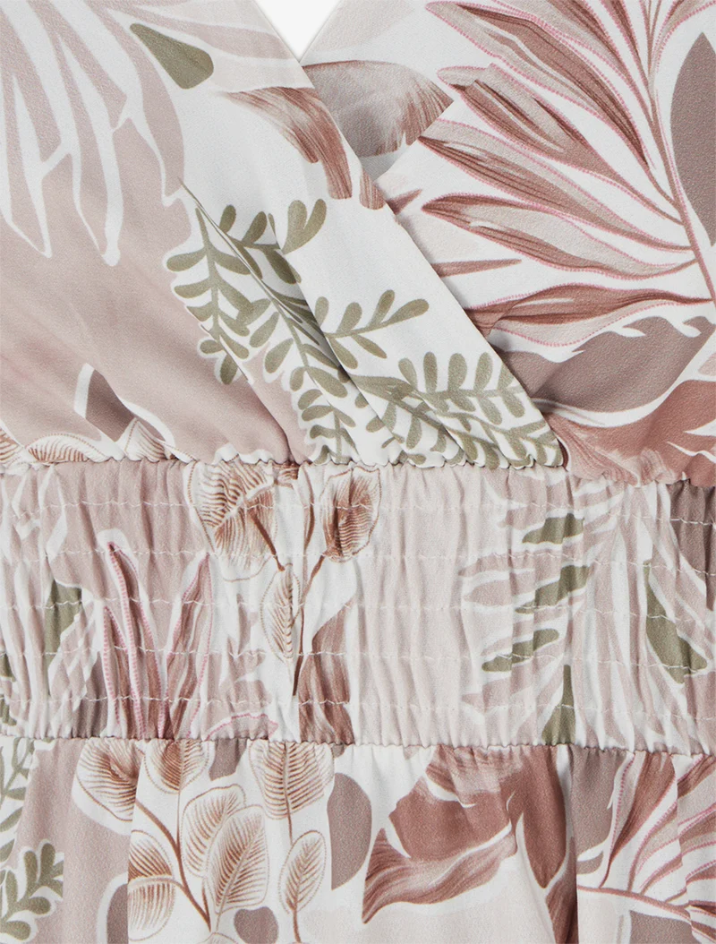 Robe longue à fines bretelles imprimé feuillage - Beige