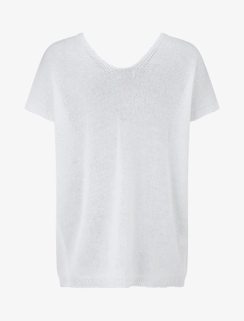 Top droit en maille à manches courtes - Blanc