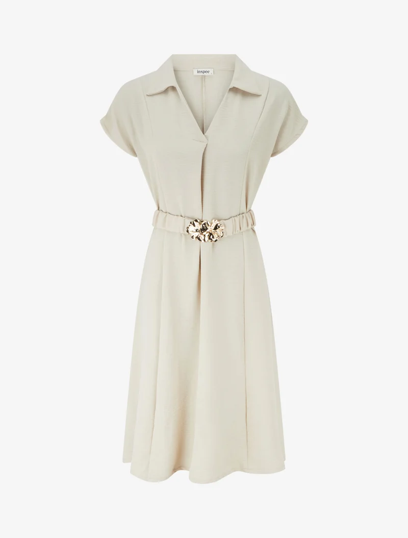 Robe fluide unie ceinturée - Beige