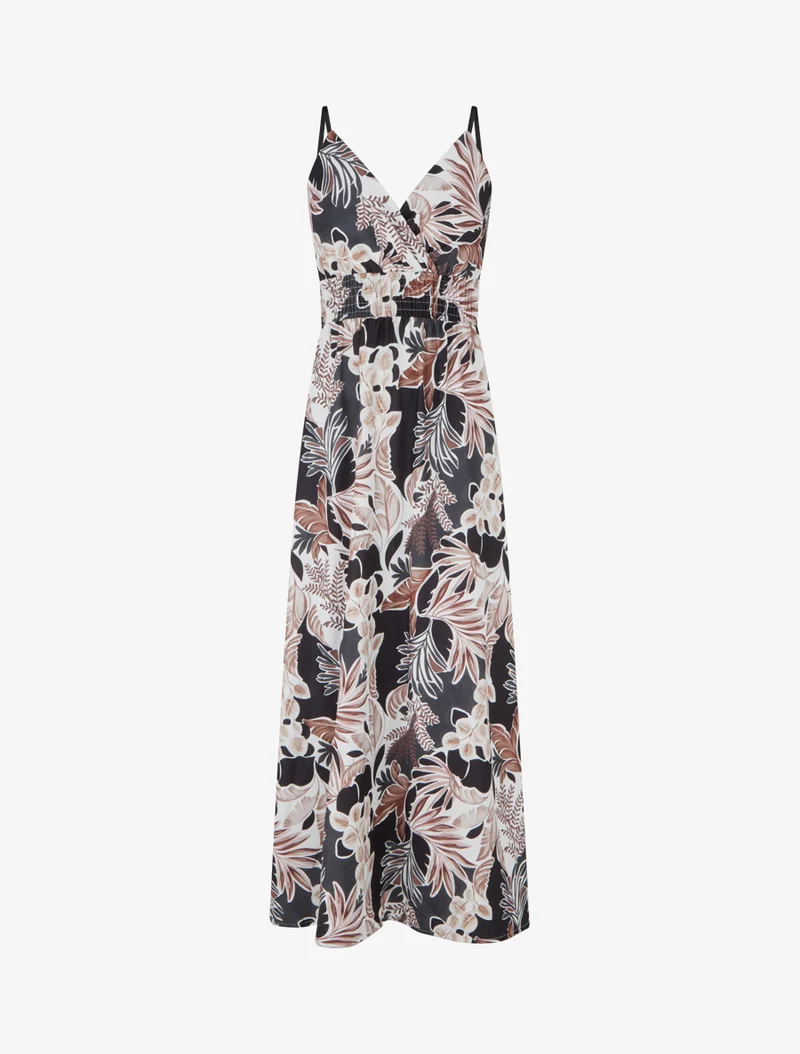 Robe longue à fines bretelles imprimé feuillage - Noir