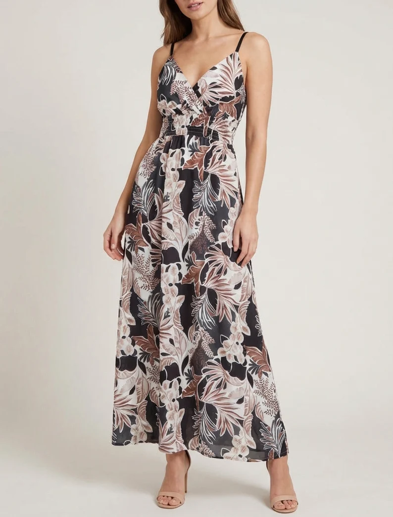 Robe longue à fines bretelles imprimé feuillage - Noir