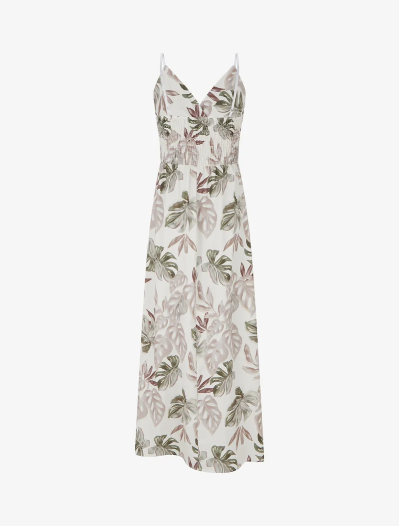 Robe longue à fines bretelles imprimé tropical - Beige