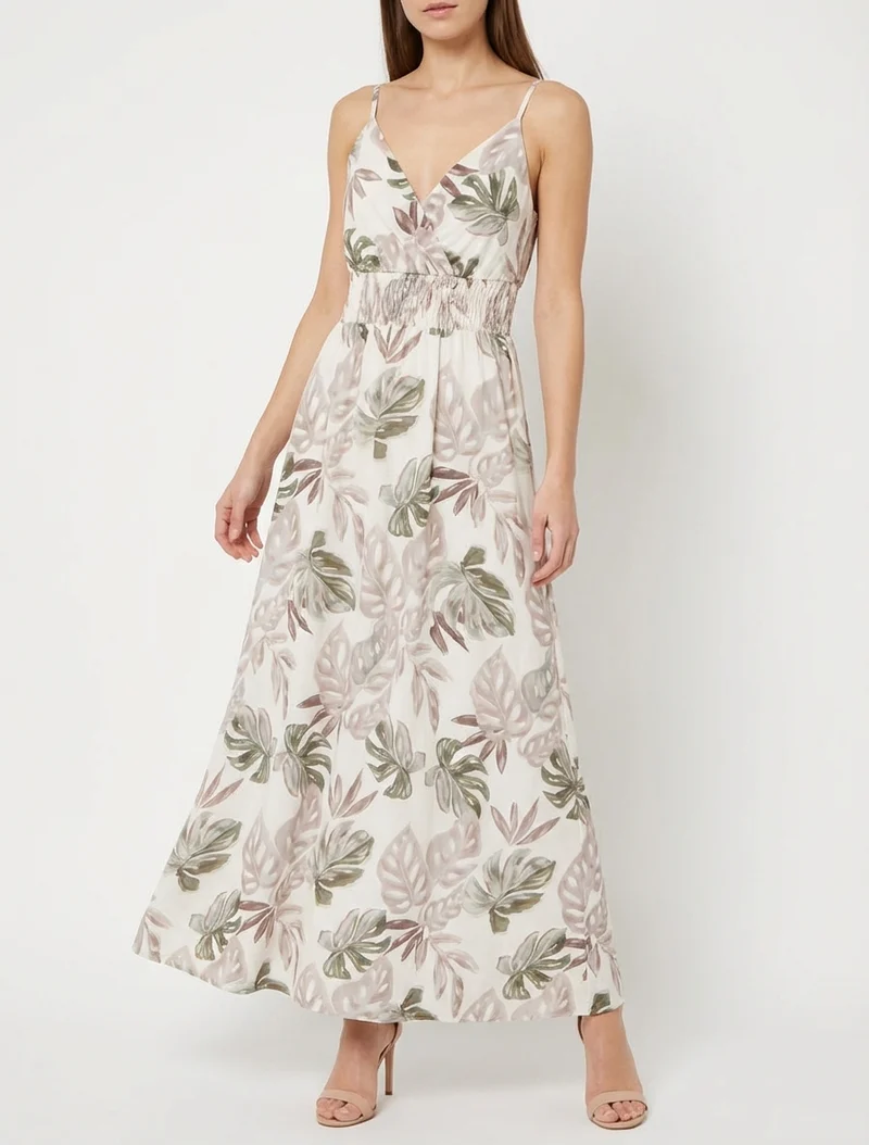 Robe longue à fines bretelles imprimé tropical - Beige