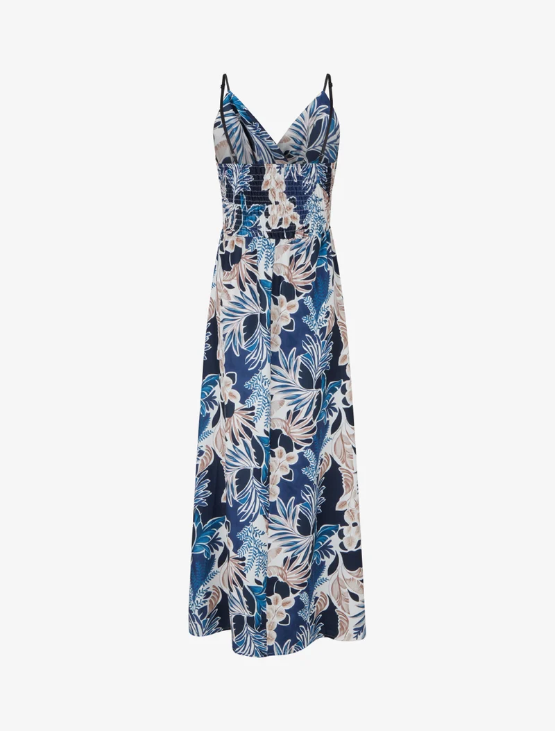 Robe longue à fines bretelles imprimé feuillage - Marine