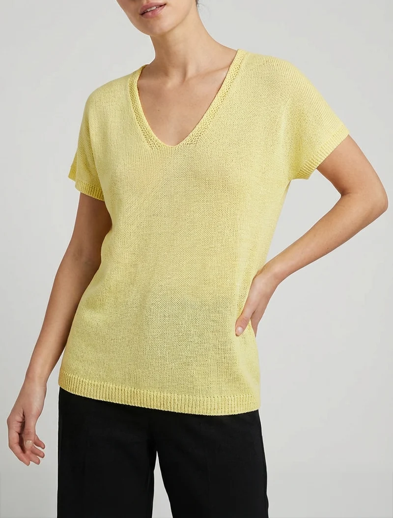 Top droit en maille à manches courtes - Jaune