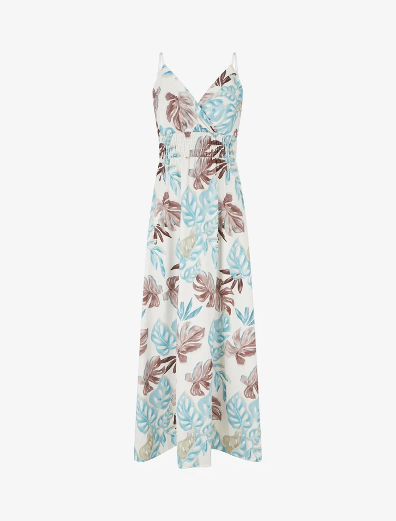 Robe longue à fines bretelles imprimé tropical - Bleu clair