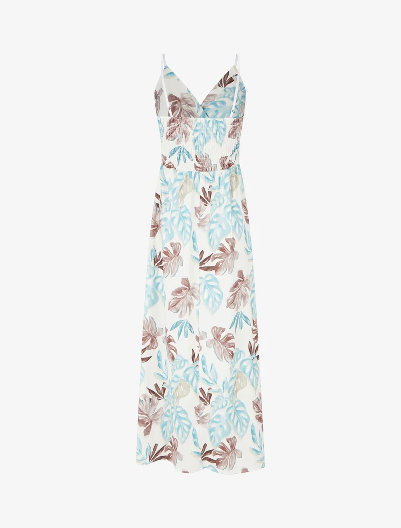 Robe longue à fines bretelles imprimé tropical - Bleu clair