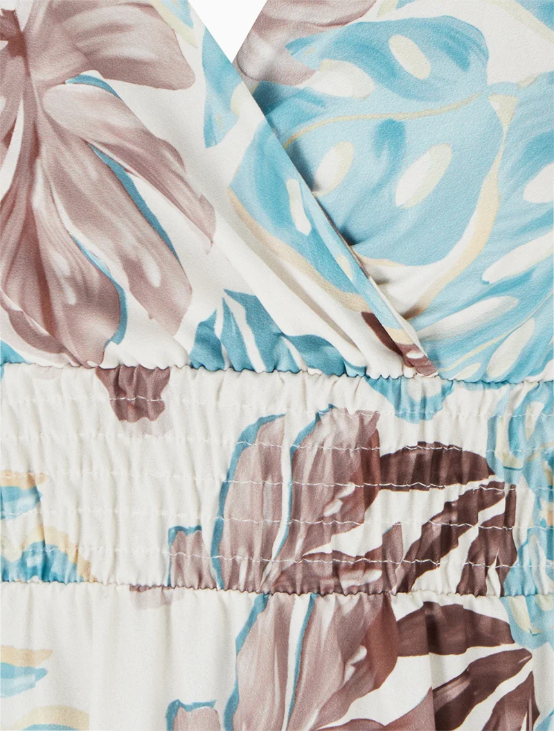 Robe longue à fines bretelles imprimé tropical - Bleu clair