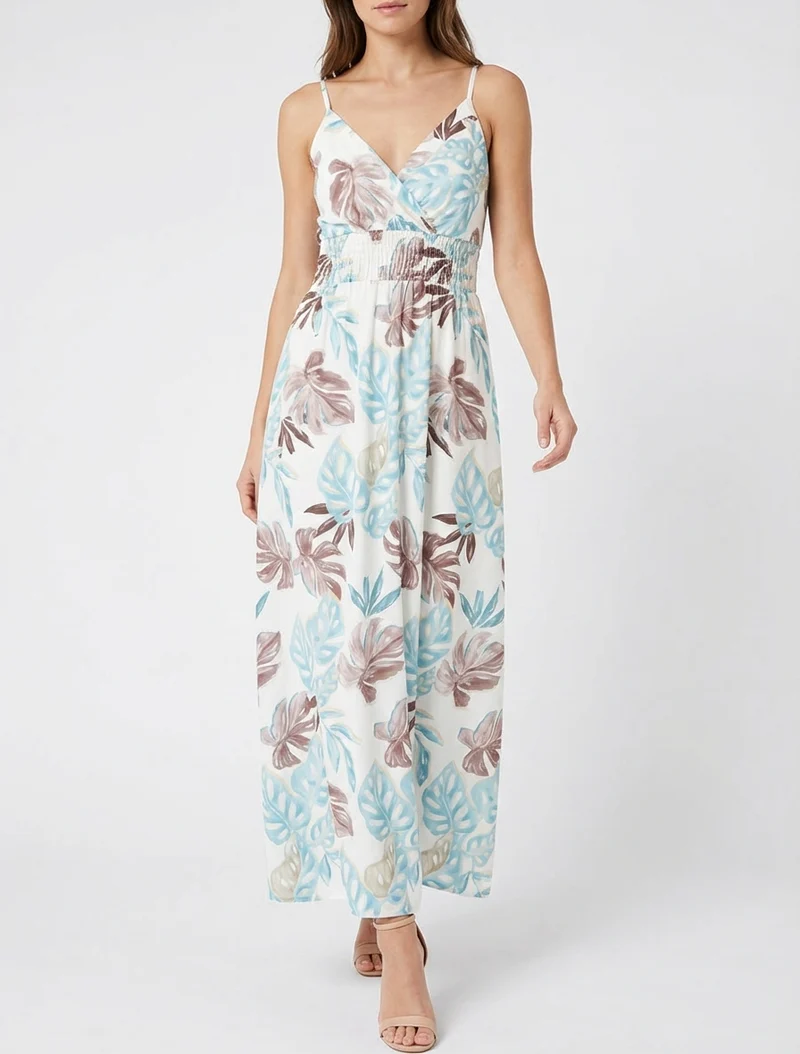 Robe longue à fines bretelles imprimé tropical - Bleu clair