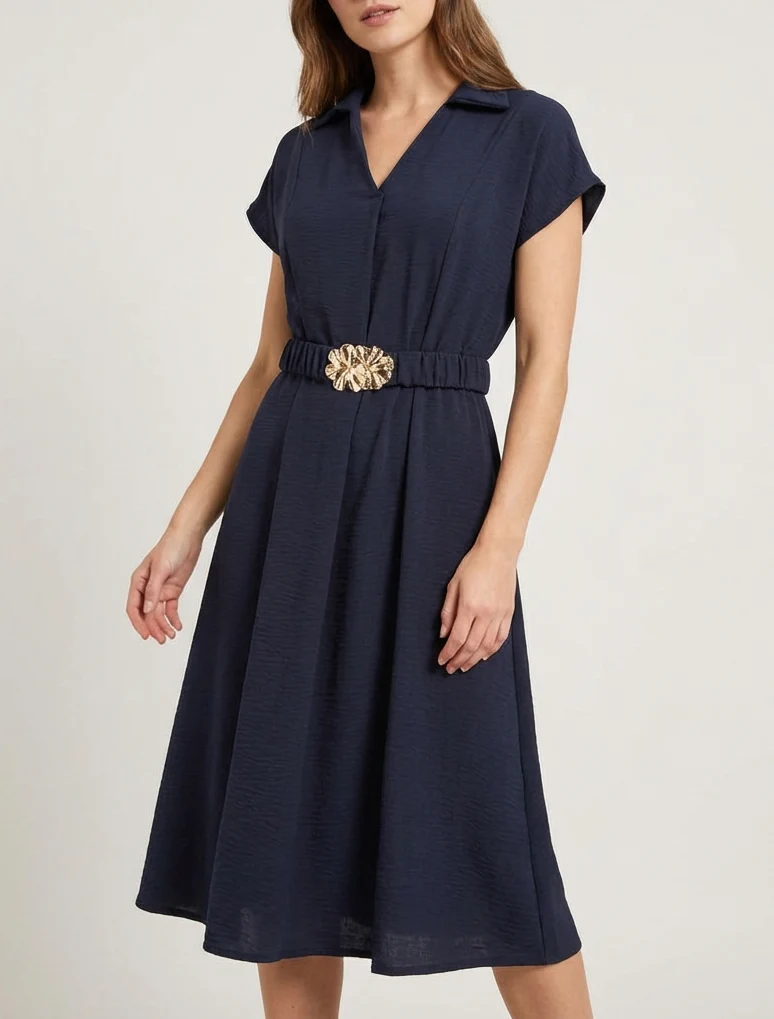 Robe fluide unie ceinturée - Marine
