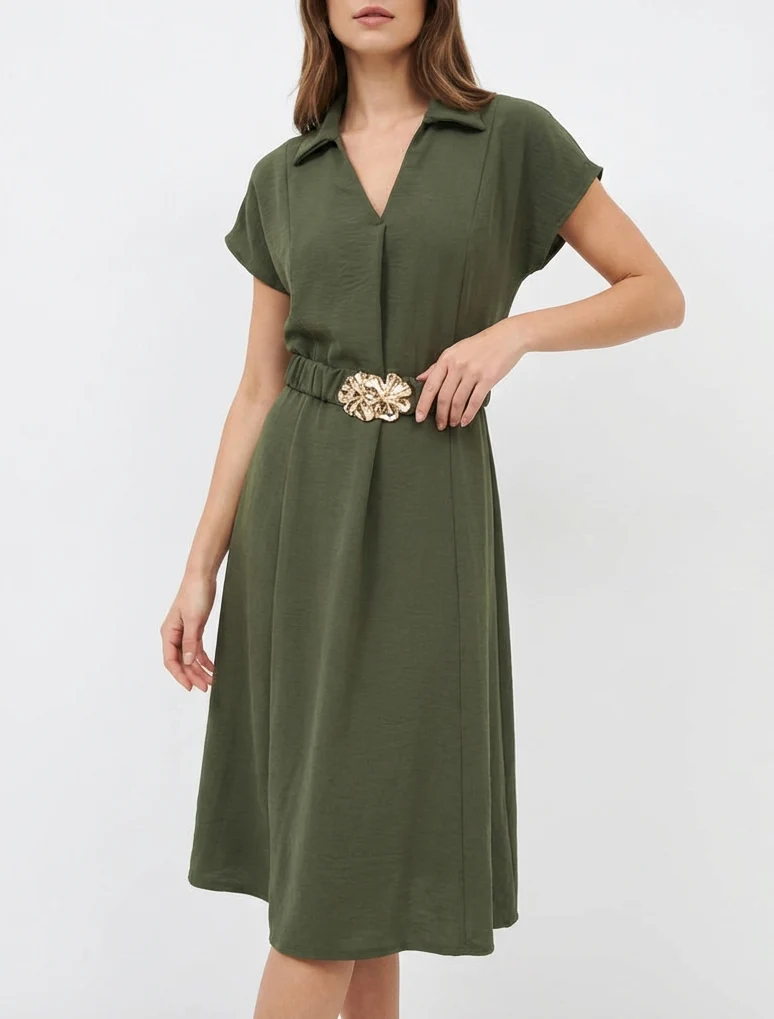 Robe fluide unie ceinturée - Kaki