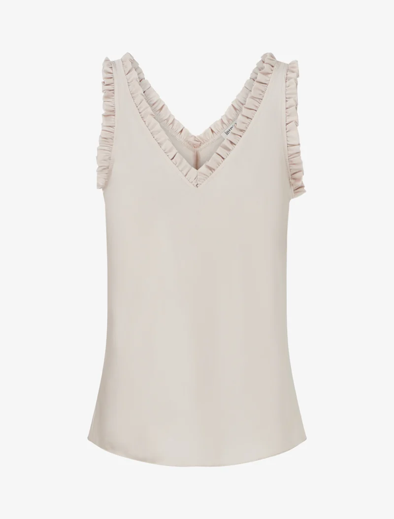 Top satiné sans manches à col volanté - Beige