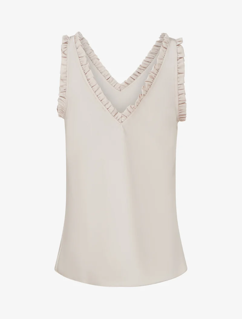 Top satiné sans manches à col volanté - Beige